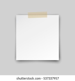 Post note paper sticker isolated on gray background. Vector white office memo pin on translucent sticky tape with shadow.