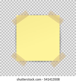 Post note paper sticker isolated on transparent background. Vector yellow office memo pin on translucent sticky tape with shadow.
