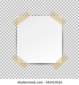 Post note paper sticker isolated on transparent background. Vector white office memo pin on translucent sticky tape with shadow.