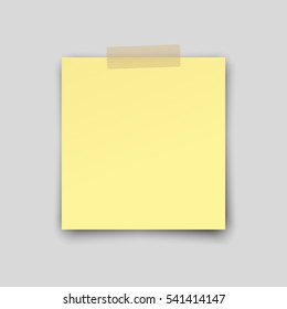 Post note paper sticker isolated on gray background. Vector yellow office memo pin on translucent sticky tape with shadow.