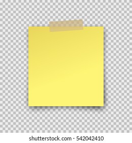 Post note paper sticker isolated on transparent background. Vector yellow office memo pin on translucent sticky tape with shadow.