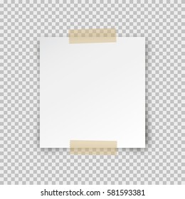 Post note paper sticker isolated on transparent background. Vector white office memo pin on translucent sticky tape with shadow.