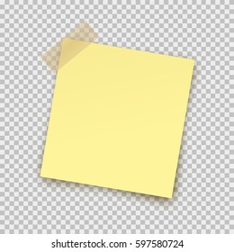 Post note paper sticker isolated on transparent background. Vector yellow office memo pin on translucent sticky tape with shadow.