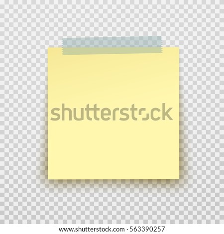 Post note paper sticker isolated on transparent background. Vector yellow office memo pin on translucent sticky tape with shadow.
