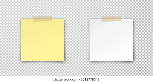 Post note paper stickers isolated on transparent background. Vector yellow and white office memo set pin on translucent sticky tape with shadow