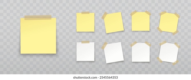 Etiquetas engomadas del papel de la nota del poste aisladas en fondo transparente. Vector amarillo y blanco oficina memo set pin en cinta adhesiva translúcida con sombras