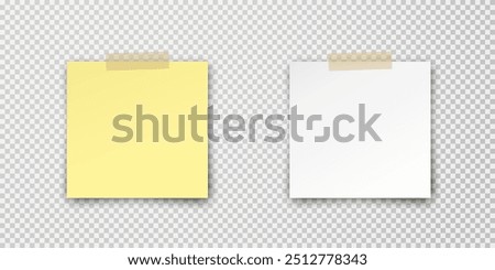 Post note paper stickers isolated on transparent background. Vector yellow and white office memo set pin on translucent sticky tape with shadow