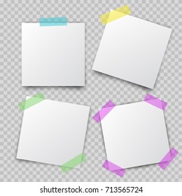 Post note paper stickers pin on translucent color sticky tape with shadow isolated on transparent background. Vector white memo sheets for your design