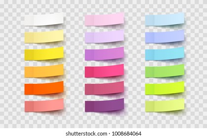 Post note sticker set isolated on transparent background. Paper sticky tape with shadow. Vector office color post note sticks for advertising design.