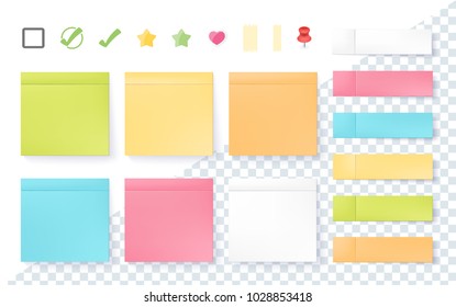 Post note sticker set isolated on transparent background. Paper sticky tape with shadow. Vector office color post note sticks for advertising design.