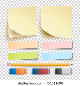 Post Note Sticker Vector. Isolated Set. Eraser And Pencil. Good For Advertising Design. Rainbow Memory Pads. Realistic Illustration