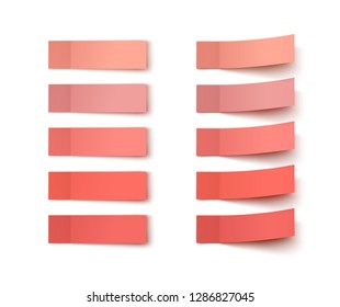 Post note stickers isolated on white background. Vector pink and coral post memo. Color paper sticky tape set with shadow template.
