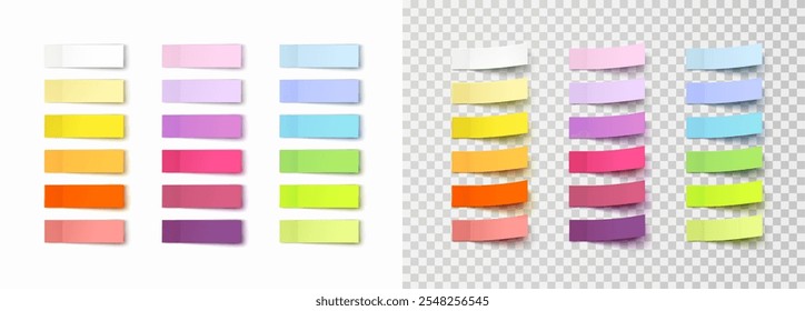 Etiquetas engomadas de la nota del poste aisladas en fondos transparentes y blancos. Cintas adhesivas de papel de colores de Vector con Plantillas de sombra