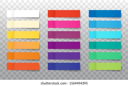 Post note stickers mock up isolated on transparent background. Set of realistic color paper bookmarks. Paper adhesive tape with shadow.