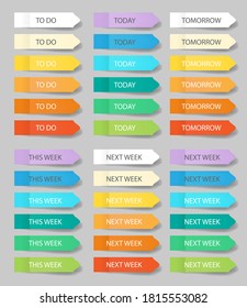 Post note stickers mock up isolated on grey background. Set of realistic color paper bookmarks and time frames. Paper adhesive tape with shadow.