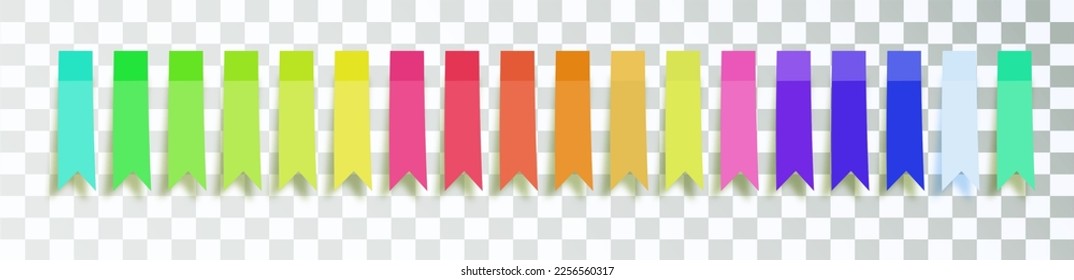 Publicar etiquetas con notas en fondo transparente. cintas adhesivas de color con plantilla de sombra. Vector