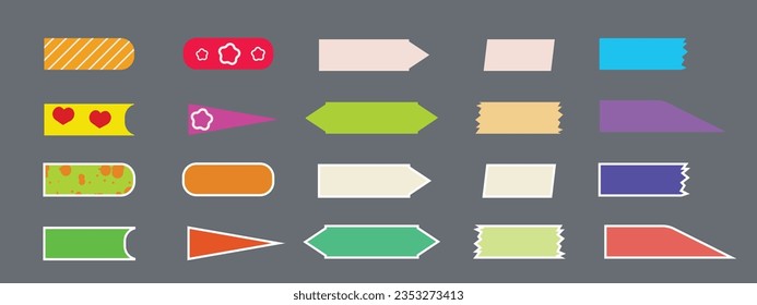 Post note sticky arrow index paper set. Notice page tape label. Paper bookmark of blue, yellow, green, orange and pink color. School stationery. Pointing sheet stripe vector illustration isolated