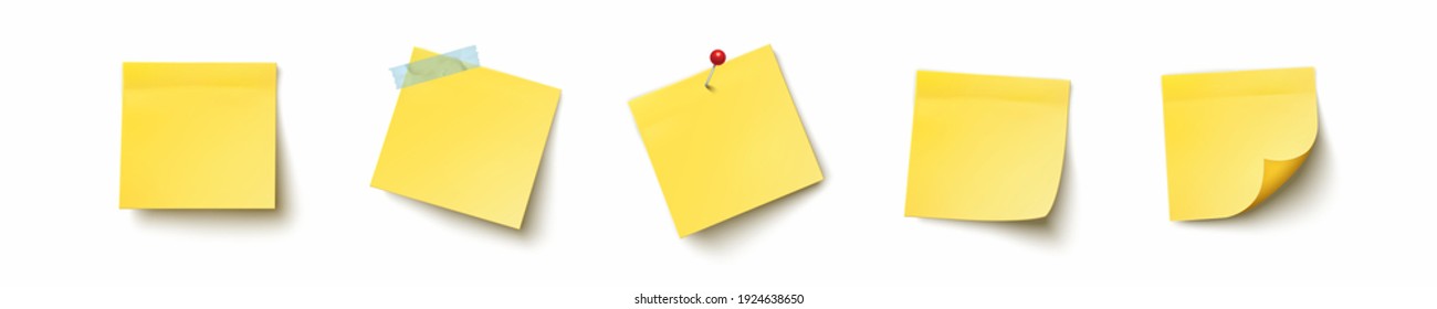 Post note, sticky sheet or paper sticker set with shadow isolated on white background. Realistic vector yellow office memo pin on wall template