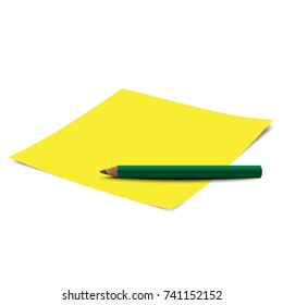 Post note yellow paper sheet and pencil with shadow on white background