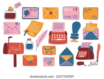 Post Object with Letter Envelope, Ink Jar with Quill and Postage Stamps as Postal Symbol Big Vector Set