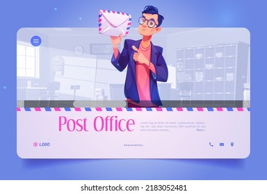 Post office banner with man worker with letter, parcels on shelves, tables and mailbox. Vector landing page of postal service with cartoon illustration of mailman with paper envelope