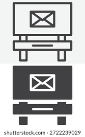 Ícone de outdoor do correio definido em estilo diferente. Linha, contorno e ícone sólido com traçado editável. Sinal e símbolo vetorial do ícone de publicidade postal.