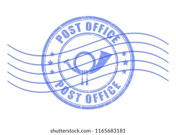 Post office blue ink stamp on white background