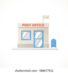 Post office building and post box made in the flat style isolated on white background. Vector illustration for your graphic design.