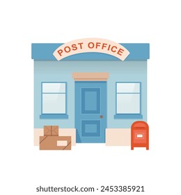 Post office building cartoon vector illustration. Modern postal facade with mail box and boxes. Front view of entrance in post office. Public urban infrastructure infographics.