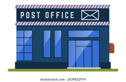 Post office building with classic facade and mailbox showing sending and receiving mail and parcels with blue windows and door, isolated illustration