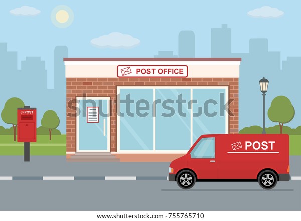 Post office building,\
delivery truck and mailbox on city background. Flat style, vector\
illustration. 