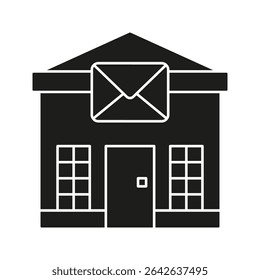 Edifício De Correios Com Ícone Sólido De Envelope. Símbolo De Silhueta De Entrega De Email, Serviço Postal E Centro De Comunicação. Logística E Correspondência. Ilustração de vetor isolada.