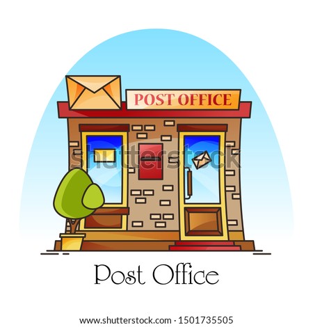 Post office building exterior view. Facade of structure or counter with envelope for mail or parcel delivery, postman or courier work, document and mailing, packaging.Architecture and delivery service