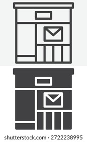 Ícone do edifício dos correios definido em estilo diferente. Linha, contorno e ícone sólido com traçado editável. Sinal e símbolo vetorial do ícone do serviço postal.