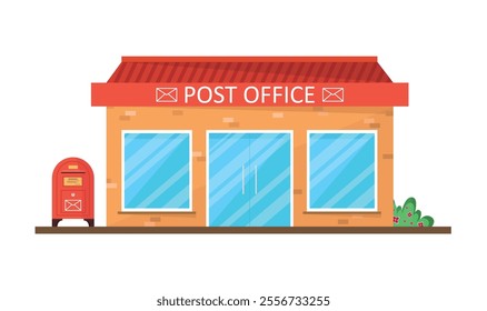Post office building and mailbox icon on white background. Banner for World Post Day.