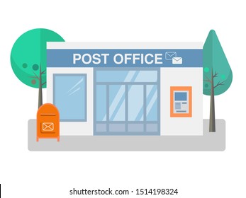 Post office building with a mailbox outside and ATM on the wall of the building. Vector Illustration for banners, posters, social media.