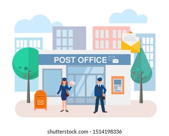 Post office building with a mailbox outside and ATM on the wall of the building. Vector Illustration for banners, posters, social media.