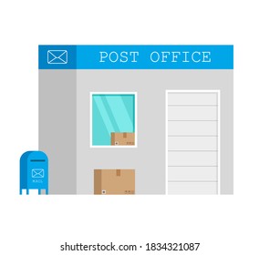 Edificio de correos con buzón de correo al estilo moderno de dibujos animados planos. Elemento infográfico. Ilustración vectorial aislada en fondo blanco.