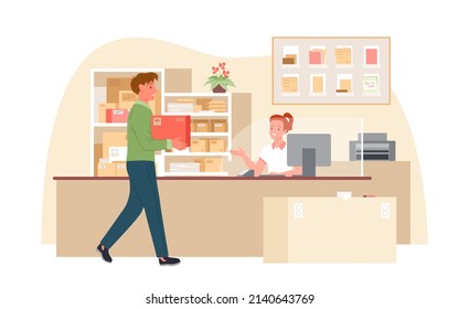 Post office building and working team. Email and parcels delivery, shipping orders, postal service, couriers and postmen, box packages distribution cartoon vector illustration