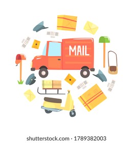 Post Office Cargo Vehicle and Postal Delivery Objects of Round Shape Vector Illustration