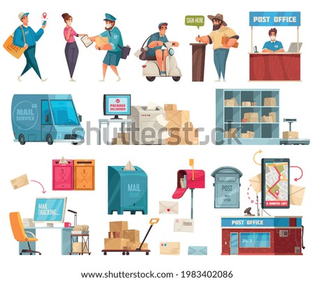 Post office cartoon set with postal delivery van postman motorcycle courier parcels mailbox letterbox vector illustration
