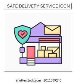 Post Office Color Icon. Post Building Loaded With Parcels And Stop Covid. Concept Of Safe Mail Delivery During Coronavirus Disease Pandemic. Isolated Vector Illustration