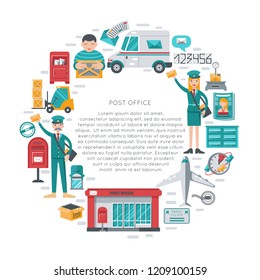 Post office. Colorful round frame with the inscription. Vector poster. Round banner with postman, mailbox, envelope, stamp, letter, forklift, post truck, airplane.