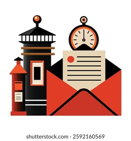 Post Office Concept - Envelope with arrival time showing along post office boxes