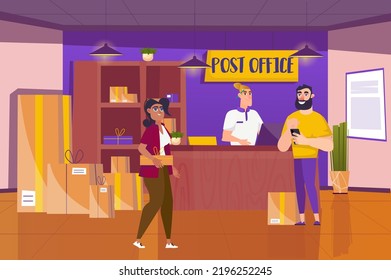 Concepto de oficina de correos con escena de personas en el diseño de caricaturas de fondo. Una mujer llevó un paquete a la oficina de correos para enviarlo al lugar correcto. Ilustración vectorial.