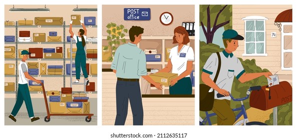 Post office concept vector posters. Delivery service, postman, courier delivers mail to mailbox. People work in warehouse. Woman gives a parcel to customer in post office
