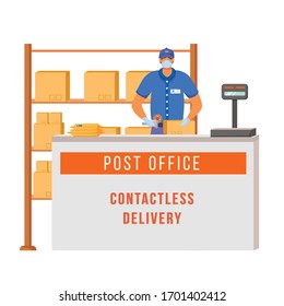 Post office counter flat color vector faceless character. Postal packages on shelves. Delivery worker with mask. Contactless delivery isolated cartoon illustration for web graphic design and animation