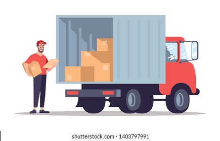Post Office Courier Flat Vector Illustration. Delivery Man Checking Address Isolated Cartoon Character On White Background. Moving House, Relocation Service Worker Standing Near Truck, Van