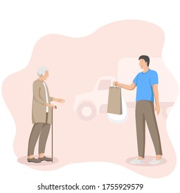 Post office courier flat vector illustration. Delivery man delieving goods to old lady isolated cartoon character on light background. Delievery service. Male and old lady standing near truck, van.