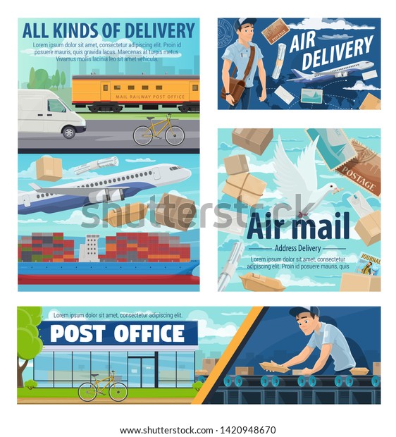 Post office, courier and mail delivery service,\
shipping cargo transport. Vector avia and railway postal logistics\
of correspondence magazines, letter envelopes and parcels at post\
warehouse